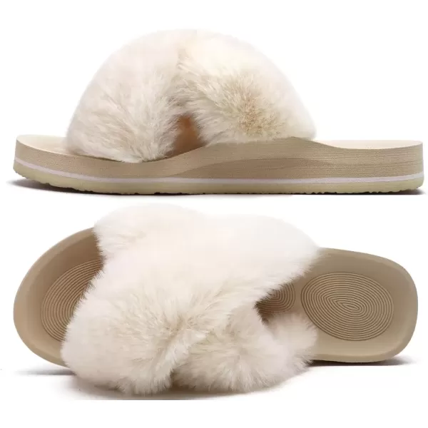 imageCOFACE Womens Fuzzy Slides Fluff Faux Fur Cross Slippers Open Toe Yoga Mat House Slippers Sandals With Arch Support For IndoorOutdoorBeige White
