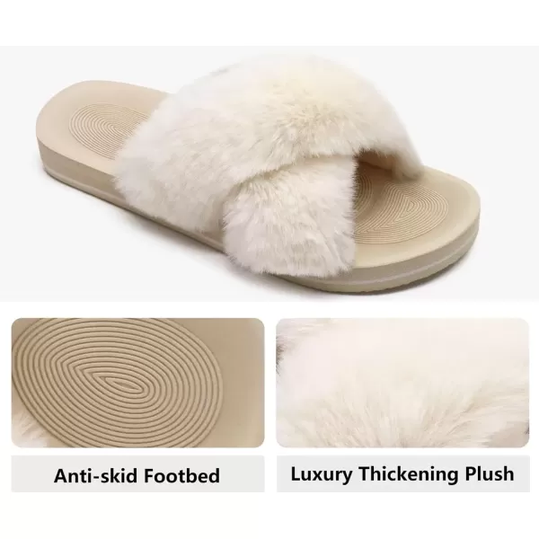 imageCOFACE Womens Fuzzy Slides Fluff Faux Fur Cross Slippers Open Toe Yoga Mat House Slippers Sandals With Arch Support For IndoorOutdoorBeige White