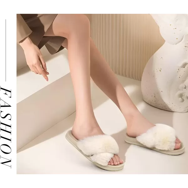 imageCOFACE Womens Fuzzy Slides Fluff Faux Fur Cross Slippers Open Toe Yoga Mat House Slippers Sandals With Arch Support For IndoorOutdoorBeige White