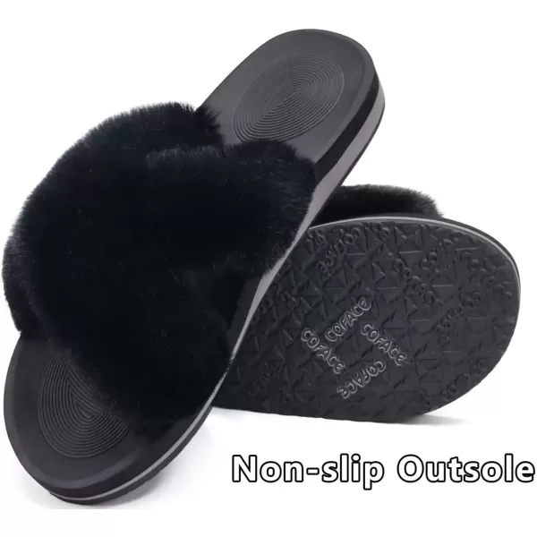 imageCOFACE Womens Fuzzy Slides Fluff Faux Fur Cross Slippers Open Toe Yoga Mat House Slippers Sandals With Arch Support For IndoorOutdoorBlack