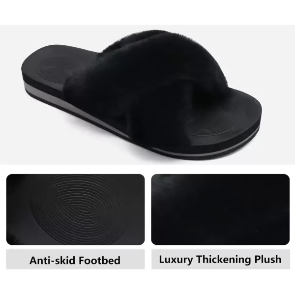 imageCOFACE Womens Fuzzy Slides Fluff Faux Fur Cross Slippers Open Toe Yoga Mat House Slippers Sandals With Arch Support For IndoorOutdoorBlack