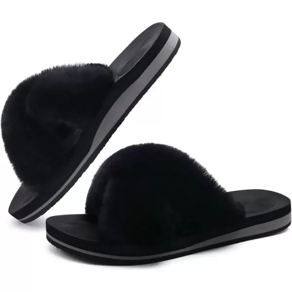 imageCOFACE Womens Fuzzy Slides Fluff Faux Fur Cross Slippers Open Toe Yoga Mat House Slippers Sandals With Arch Support For IndoorOutdoorBlack