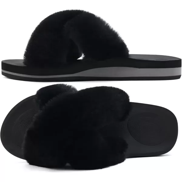 imageCOFACE Womens Fuzzy Slides Fluff Faux Fur Cross Slippers Open Toe Yoga Mat House Slippers Sandals With Arch Support For IndoorOutdoorBlack
