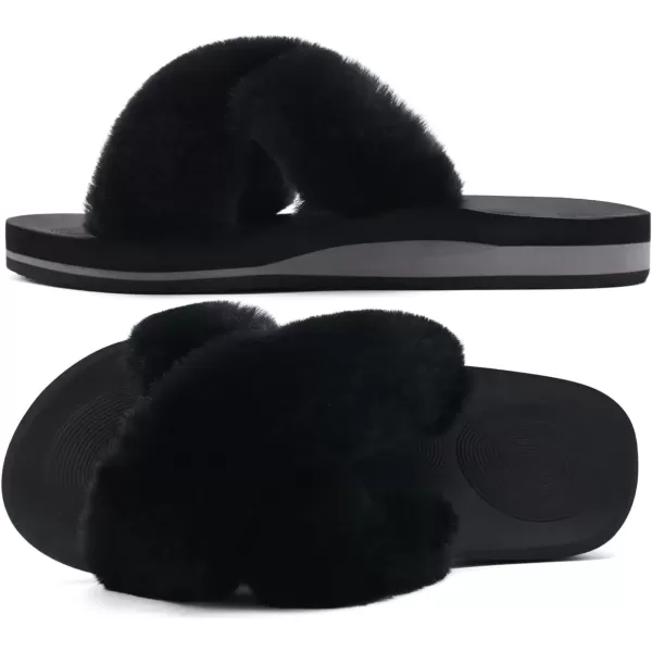 imageCOFACE Womens Fuzzy Slides Fluff Faux Fur Cross Slippers Open Toe Yoga Mat House Slippers Sandals With Arch Support For IndoorOutdoorBlack