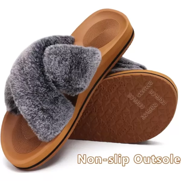 imageCOFACE Womens Fuzzy Slides Fluff Faux Fur Cross Slippers Open Toe Yoga Mat House Slippers Sandals With Arch Support For IndoorOutdoorBlack Khaki