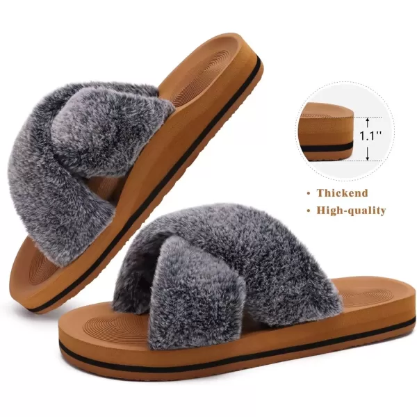imageCOFACE Womens Fuzzy Slides Fluff Faux Fur Cross Slippers Open Toe Yoga Mat House Slippers Sandals With Arch Support For IndoorOutdoorBlack Khaki