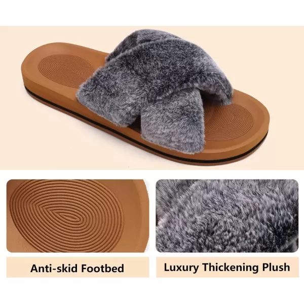 imageCOFACE Womens Fuzzy Slides Fluff Faux Fur Cross Slippers Open Toe Yoga Mat House Slippers Sandals With Arch Support For IndoorOutdoorBlack Khaki