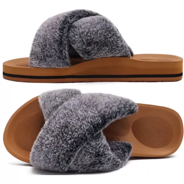 imageCOFACE Womens Fuzzy Slides Fluff Faux Fur Cross Slippers Open Toe Yoga Mat House Slippers Sandals With Arch Support For IndoorOutdoorBlack Khaki