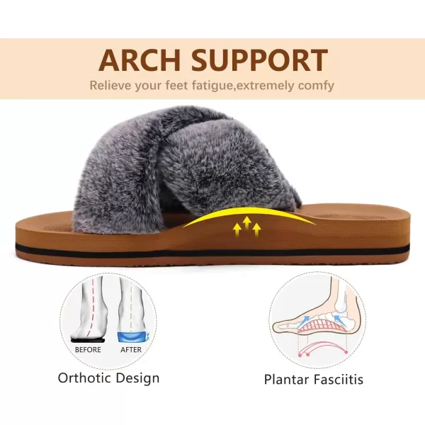 imageCOFACE Womens Fuzzy Slides Fluff Faux Fur Cross Slippers Open Toe Yoga Mat House Slippers Sandals With Arch Support For IndoorOutdoorBlack Khaki