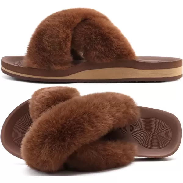 imageCOFACE Womens Fuzzy Slides Fluff Faux Fur Cross Slippers Open Toe Yoga Mat House Slippers Sandals With Arch Support For IndoorOutdoorBrown