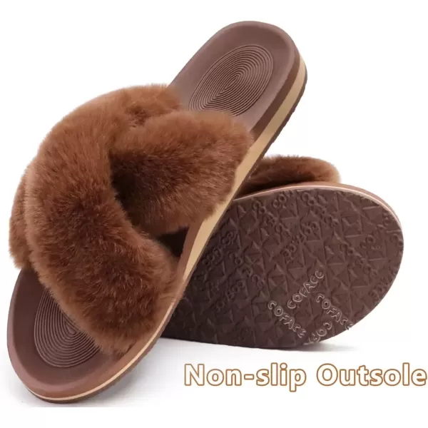 imageCOFACE Womens Fuzzy Slides Fluff Faux Fur Cross Slippers Open Toe Yoga Mat House Slippers Sandals With Arch Support For IndoorOutdoorBrown