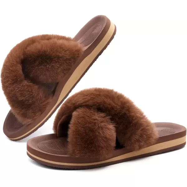 imageCOFACE Womens Fuzzy Slides Fluff Faux Fur Cross Slippers Open Toe Yoga Mat House Slippers Sandals With Arch Support For IndoorOutdoorBrown