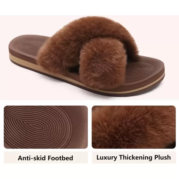 imageCOFACE Womens Fuzzy Slides Fluff Faux Fur Cross Slippers Open Toe Yoga Mat House Slippers Sandals With Arch Support For IndoorOutdoorBrown