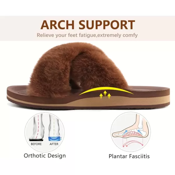 imageCOFACE Womens Fuzzy Slides Fluff Faux Fur Cross Slippers Open Toe Yoga Mat House Slippers Sandals With Arch Support For IndoorOutdoorBrown