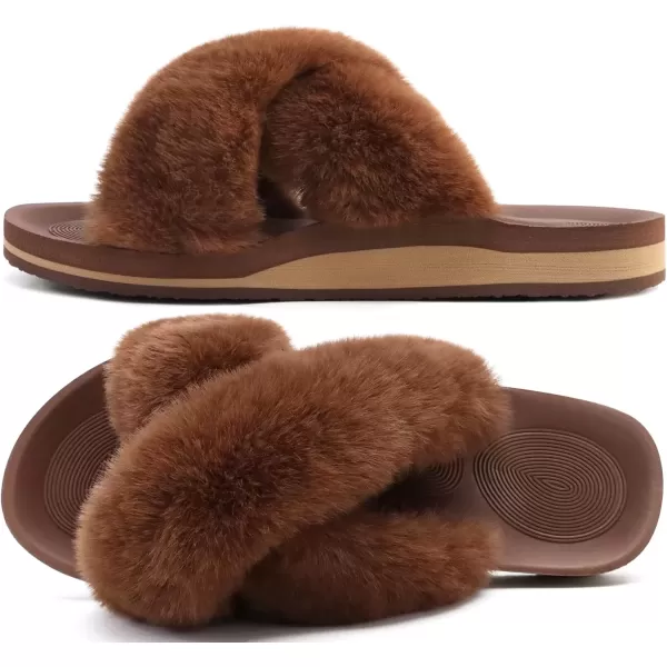 imageCOFACE Womens Fuzzy Slides Fluff Faux Fur Cross Slippers Open Toe Yoga Mat House Slippers Sandals With Arch Support For IndoorOutdoorBrown