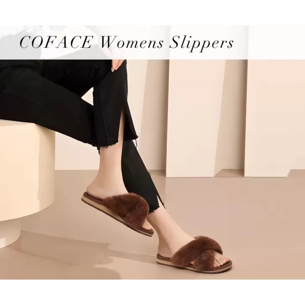 imageCOFACE Womens Fuzzy Slides Fluff Faux Fur Cross Slippers Open Toe Yoga Mat House Slippers Sandals With Arch Support For IndoorOutdoorBrown