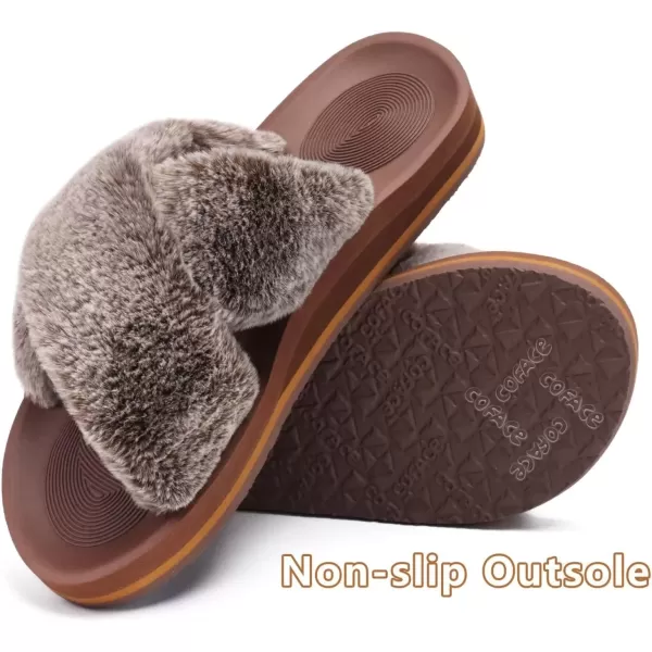imageCOFACE Womens Fuzzy Slides Fluff Faux Fur Cross Slippers Open Toe Yoga Mat House Slippers Sandals With Arch Support For IndoorOutdoorCoffee Brown