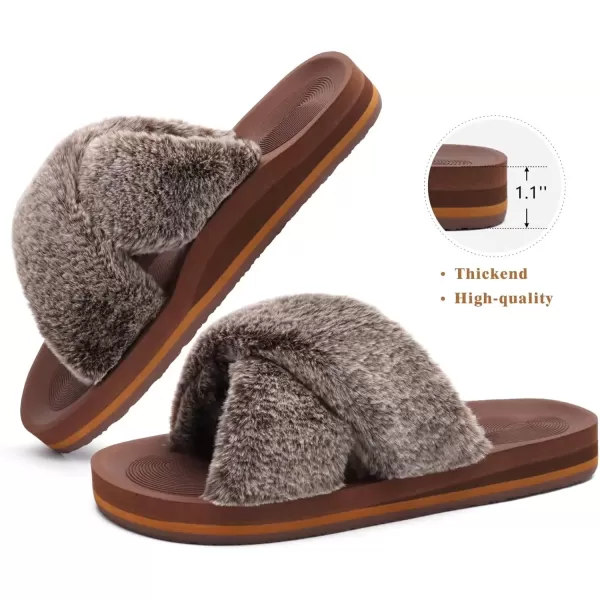 imageCOFACE Womens Fuzzy Slides Fluff Faux Fur Cross Slippers Open Toe Yoga Mat House Slippers Sandals With Arch Support For IndoorOutdoorCoffee Brown