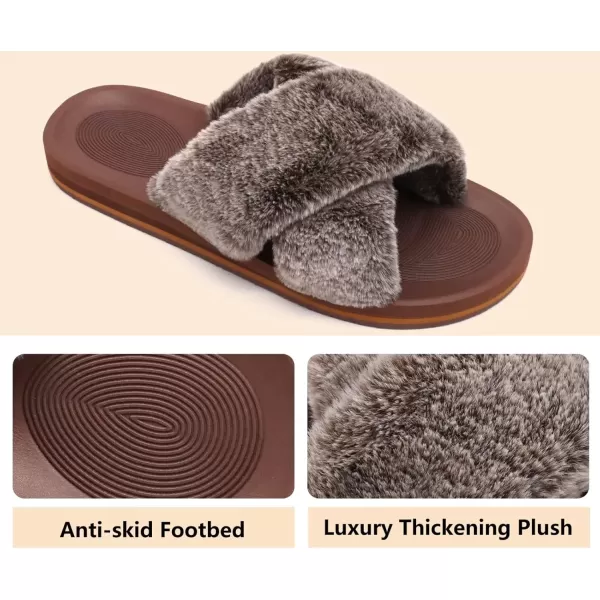 imageCOFACE Womens Fuzzy Slides Fluff Faux Fur Cross Slippers Open Toe Yoga Mat House Slippers Sandals With Arch Support For IndoorOutdoorCoffee Brown