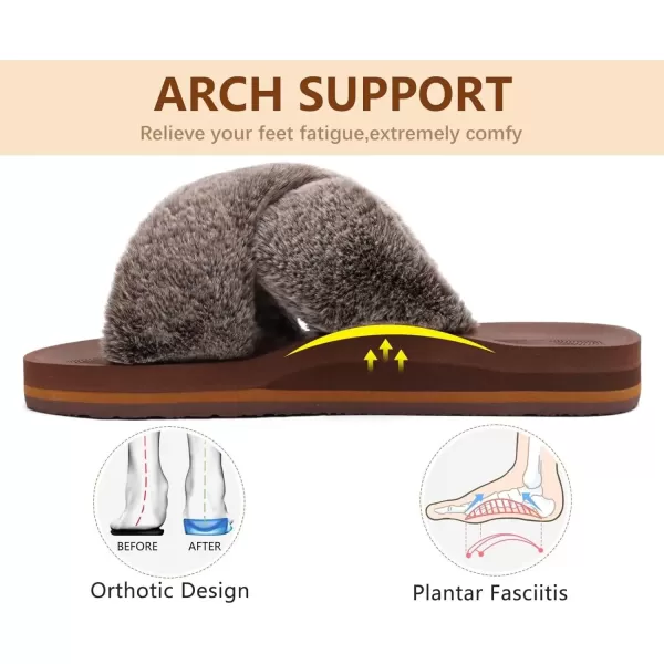 imageCOFACE Womens Fuzzy Slides Fluff Faux Fur Cross Slippers Open Toe Yoga Mat House Slippers Sandals With Arch Support For IndoorOutdoorCoffee Brown