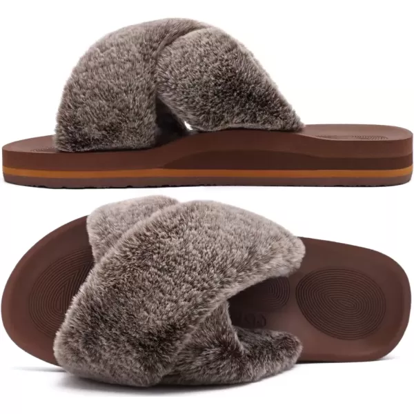 imageCOFACE Womens Fuzzy Slides Fluff Faux Fur Cross Slippers Open Toe Yoga Mat House Slippers Sandals With Arch Support For IndoorOutdoorCoffee Brown