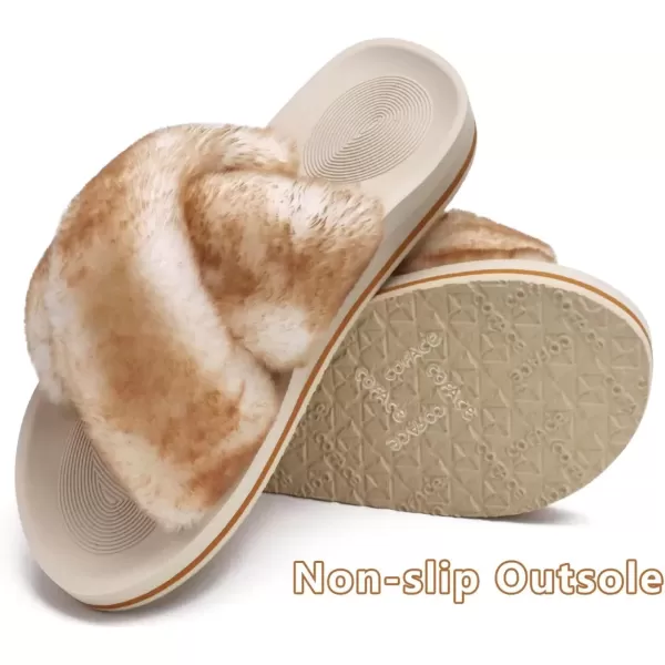 imageCOFACE Womens Fuzzy Slides Fluff Faux Fur Cross Slippers Open Toe Yoga Mat House Slippers Sandals With Arch Support For IndoorOutdoorFashion Beige White
