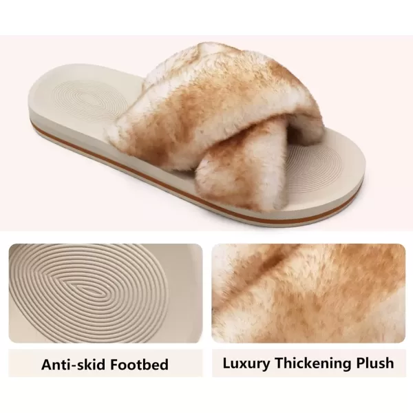 imageCOFACE Womens Fuzzy Slides Fluff Faux Fur Cross Slippers Open Toe Yoga Mat House Slippers Sandals With Arch Support For IndoorOutdoorFashion Beige White