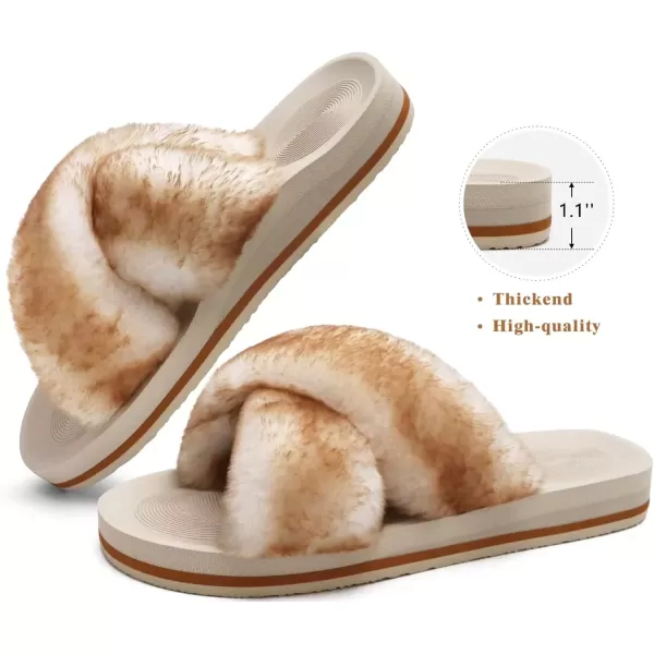 imageCOFACE Womens Fuzzy Slides Fluff Faux Fur Cross Slippers Open Toe Yoga Mat House Slippers Sandals With Arch Support For IndoorOutdoorFashion Beige White