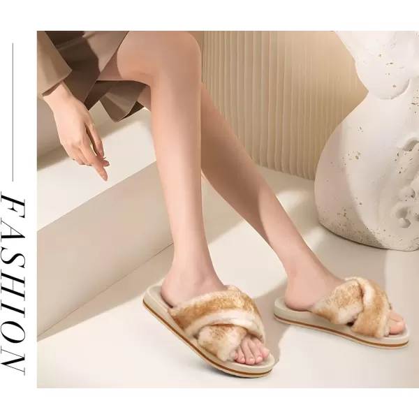 imageCOFACE Womens Fuzzy Slides Fluff Faux Fur Cross Slippers Open Toe Yoga Mat House Slippers Sandals With Arch Support For IndoorOutdoorFashion Beige White