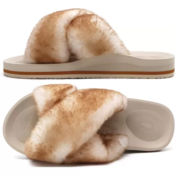 imageCOFACE Womens Fuzzy Slides Fluff Faux Fur Cross Slippers Open Toe Yoga Mat House Slippers Sandals With Arch Support For IndoorOutdoorFashion Beige White