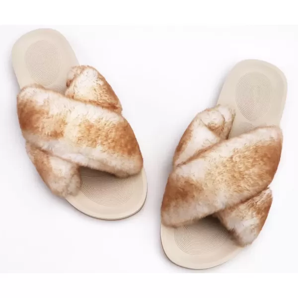 imageCOFACE Womens Fuzzy Slides Fluff Faux Fur Cross Slippers Open Toe Yoga Mat House Slippers Sandals With Arch Support For IndoorOutdoorFashion Beige White