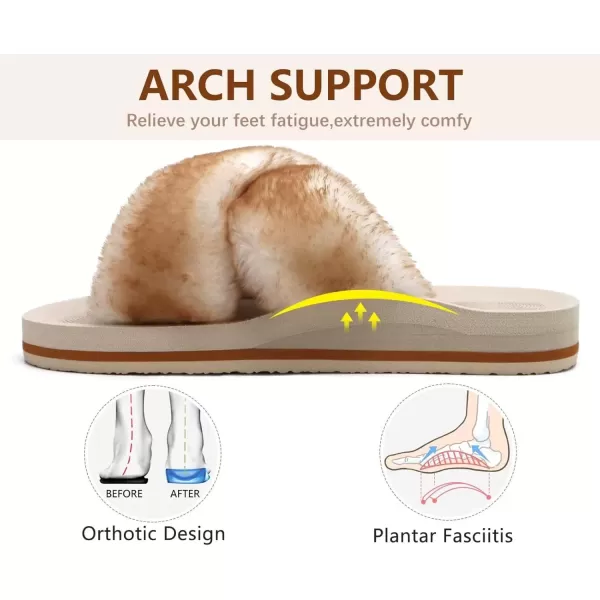 imageCOFACE Womens Fuzzy Slides Fluff Faux Fur Cross Slippers Open Toe Yoga Mat House Slippers Sandals With Arch Support For IndoorOutdoorFashion Beige White
