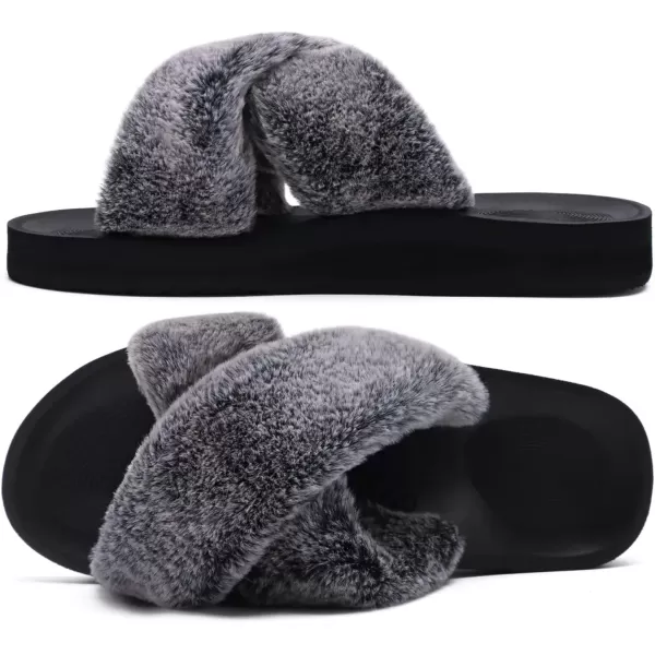 imageCOFACE Womens Fuzzy Slides Fluff Faux Fur Cross Slippers Open Toe Yoga Mat House Slippers Sandals With Arch Support For IndoorOutdoorFashion Black