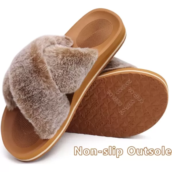 imageCOFACE Womens Fuzzy Slides Fluff Faux Fur Cross Slippers Open Toe Yoga Mat House Slippers Sandals With Arch Support For IndoorOutdoorFashion Khaki