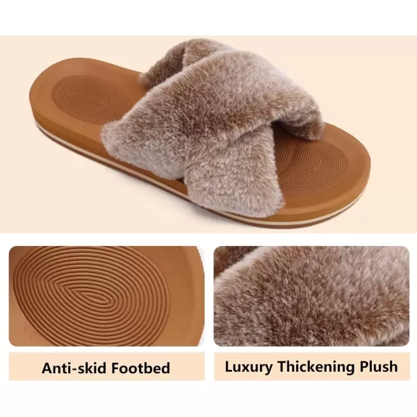 imageCOFACE Womens Fuzzy Slides Fluff Faux Fur Cross Slippers Open Toe Yoga Mat House Slippers Sandals With Arch Support For IndoorOutdoorFashion Khaki
