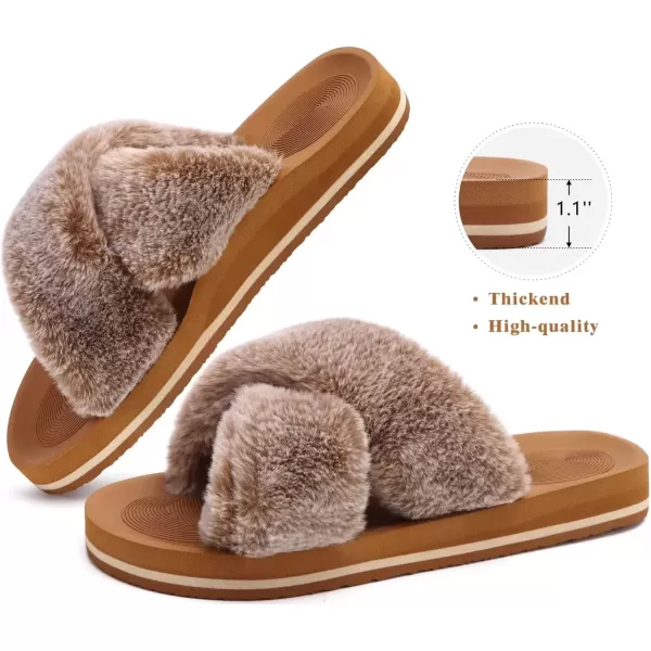 imageCOFACE Womens Fuzzy Slides Fluff Faux Fur Cross Slippers Open Toe Yoga Mat House Slippers Sandals With Arch Support For IndoorOutdoorFashion Khaki