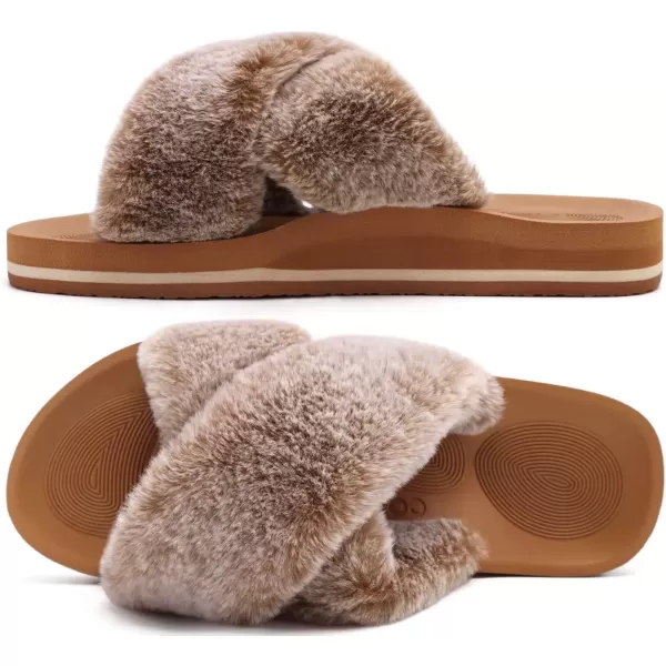 imageCOFACE Womens Fuzzy Slides Fluff Faux Fur Cross Slippers Open Toe Yoga Mat House Slippers Sandals With Arch Support For IndoorOutdoorFashion Khaki