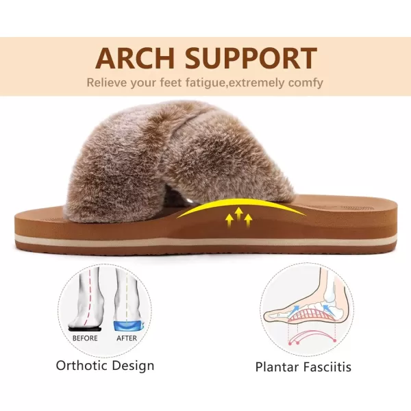 imageCOFACE Womens Fuzzy Slides Fluff Faux Fur Cross Slippers Open Toe Yoga Mat House Slippers Sandals With Arch Support For IndoorOutdoorFashion Khaki