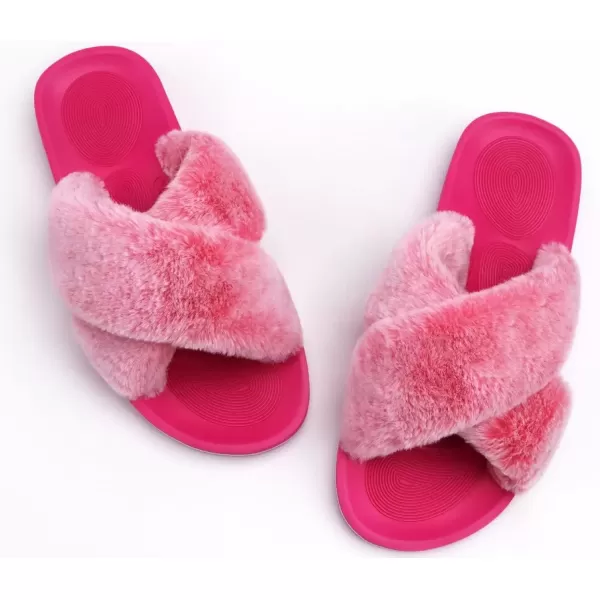 imageCOFACE Womens Fuzzy Slides Fluff Faux Fur Cross Slippers Open Toe Yoga Mat House Slippers Sandals With Arch Support For IndoorOutdoorFashion Rose