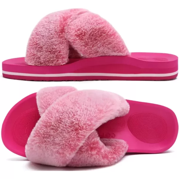 imageCOFACE Womens Fuzzy Slides Fluff Faux Fur Cross Slippers Open Toe Yoga Mat House Slippers Sandals With Arch Support For IndoorOutdoorFashion Rose