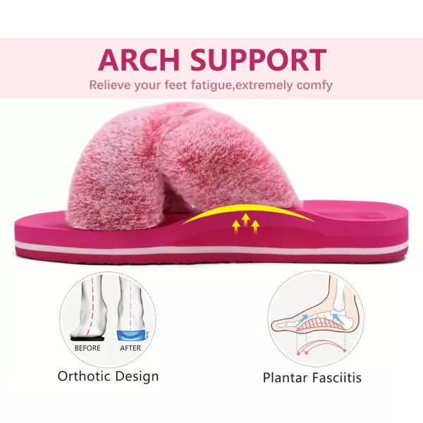 imageCOFACE Womens Fuzzy Slides Fluff Faux Fur Cross Slippers Open Toe Yoga Mat House Slippers Sandals With Arch Support For IndoorOutdoorFashion Rose