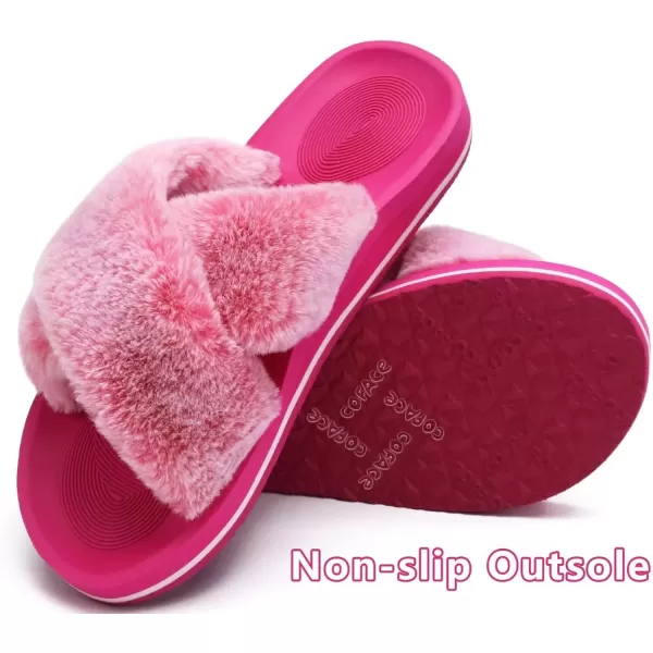 imageCOFACE Womens Fuzzy Slides Fluff Faux Fur Cross Slippers Open Toe Yoga Mat House Slippers Sandals With Arch Support For IndoorOutdoorFashion Rose