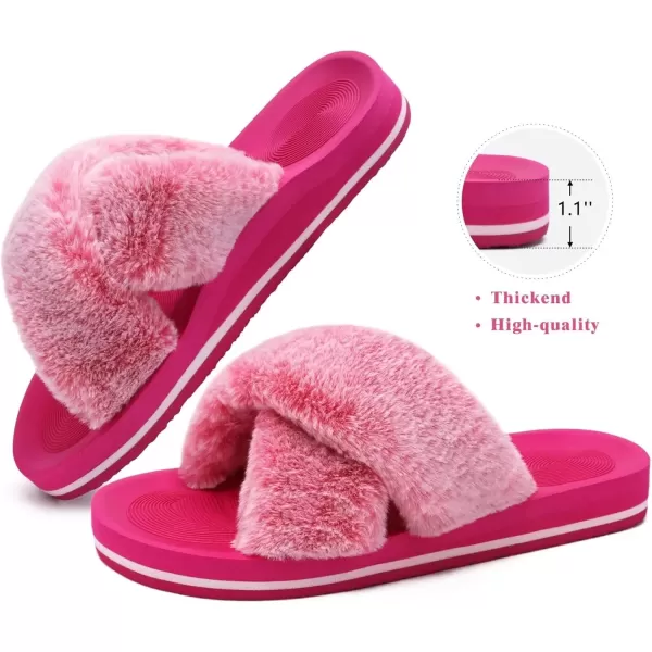 imageCOFACE Womens Fuzzy Slides Fluff Faux Fur Cross Slippers Open Toe Yoga Mat House Slippers Sandals With Arch Support For IndoorOutdoorFashion Rose