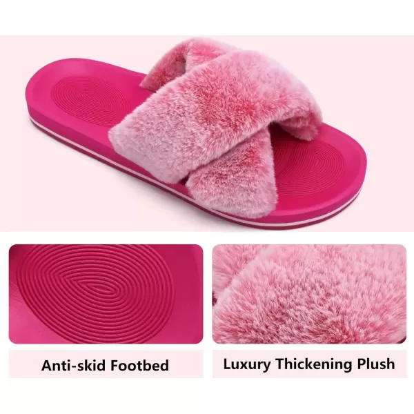 imageCOFACE Womens Fuzzy Slides Fluff Faux Fur Cross Slippers Open Toe Yoga Mat House Slippers Sandals With Arch Support For IndoorOutdoorFashion Rose