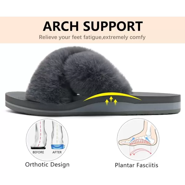 imageCOFACE Womens Fuzzy Slides Fluff Faux Fur Cross Slippers Open Toe Yoga Mat House Slippers Sandals With Arch Support For IndoorOutdoorGrey