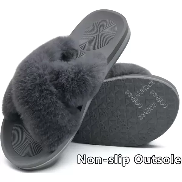 imageCOFACE Womens Fuzzy Slides Fluff Faux Fur Cross Slippers Open Toe Yoga Mat House Slippers Sandals With Arch Support For IndoorOutdoorGrey