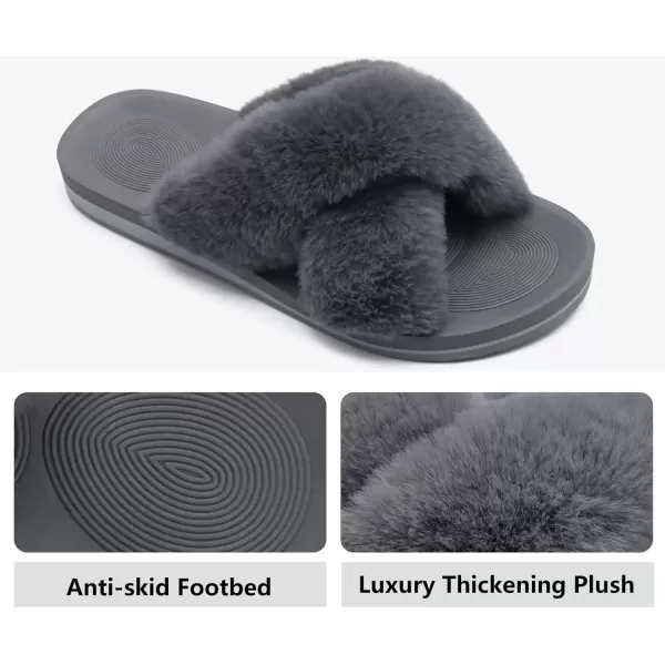 imageCOFACE Womens Fuzzy Slides Fluff Faux Fur Cross Slippers Open Toe Yoga Mat House Slippers Sandals With Arch Support For IndoorOutdoorGrey