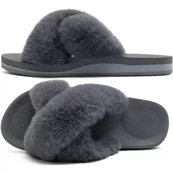 imageCOFACE Womens Fuzzy Slides Fluff Faux Fur Cross Slippers Open Toe Yoga Mat House Slippers Sandals With Arch Support For IndoorOutdoorGrey