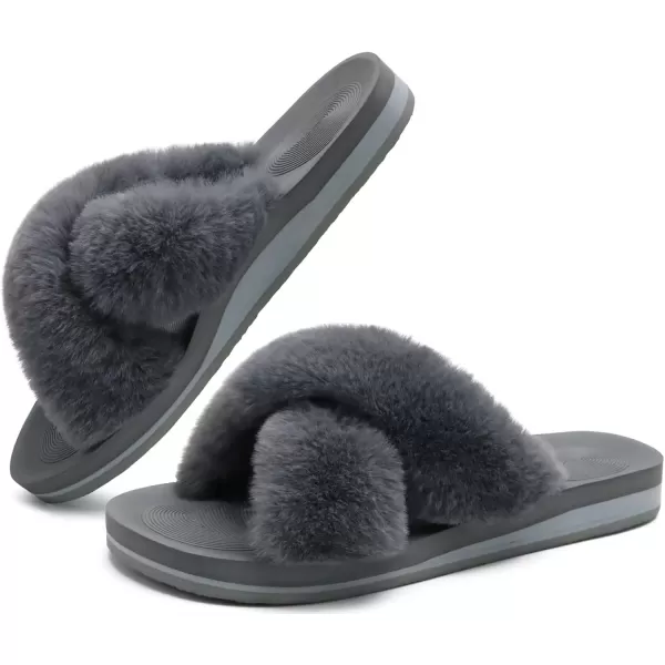 imageCOFACE Womens Fuzzy Slides Fluff Faux Fur Cross Slippers Open Toe Yoga Mat House Slippers Sandals With Arch Support For IndoorOutdoorGrey