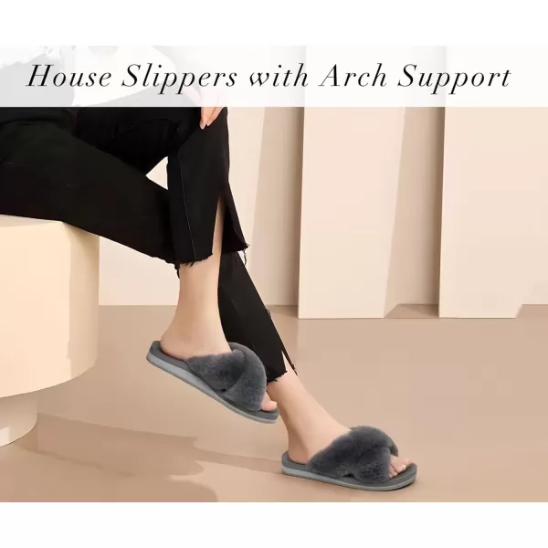 imageCOFACE Womens Fuzzy Slides Fluff Faux Fur Cross Slippers Open Toe Yoga Mat House Slippers Sandals With Arch Support For IndoorOutdoorGrey